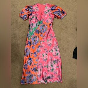 Hope & Ivy Vibrant Pink & Orange Floral Midi Dress with Puff Sleeves